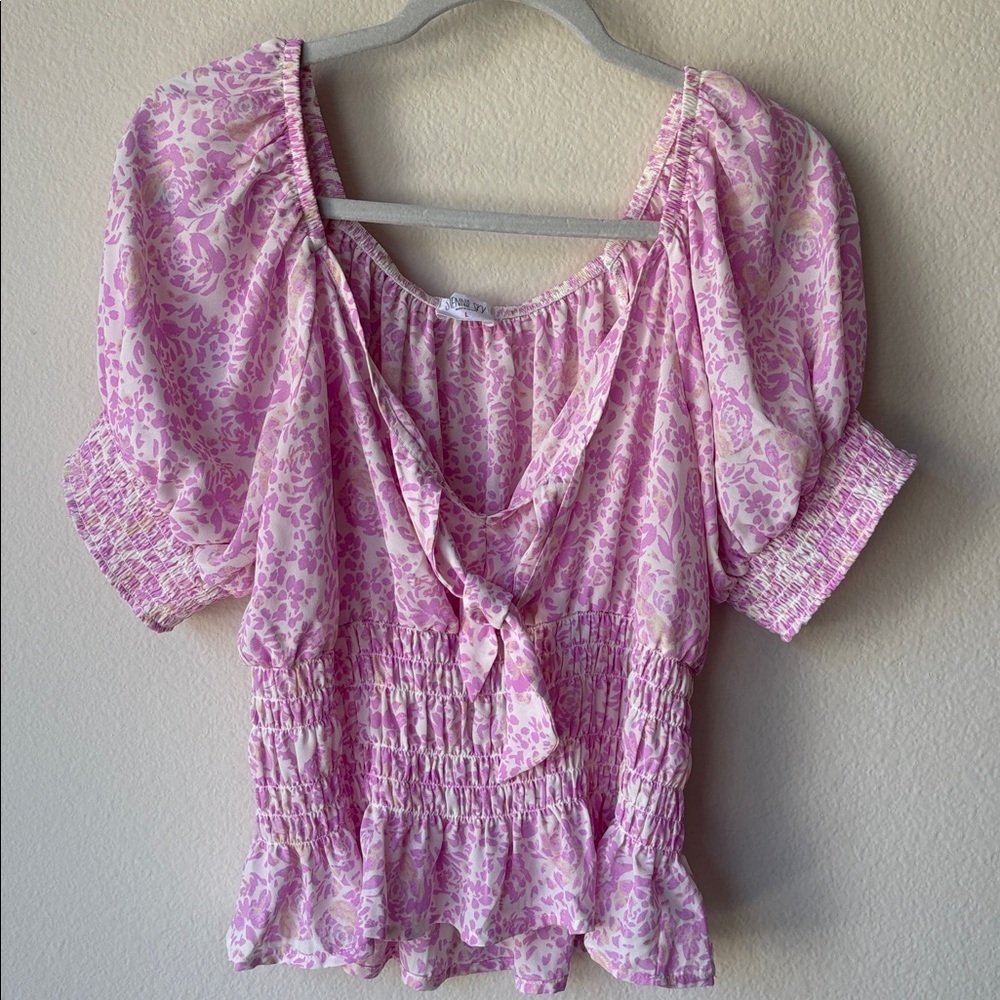 Lavender purple and white blouse with puff sleeves floral design throughout